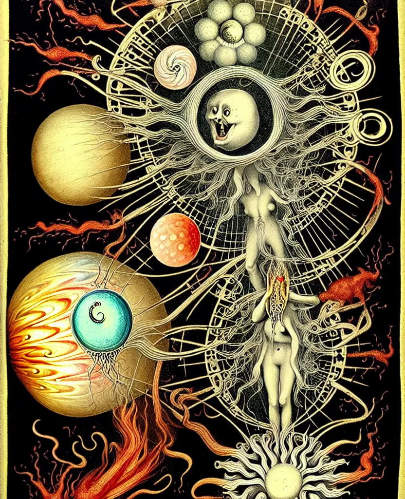 Image similar to whimsical freaky creature sings a unique canto about'as above so below'being ignited by the spirit of haeckel and robert fludd, breakthrough is iminent, glory be to the magic within, in honor to jupiter, painted by ronny khalil