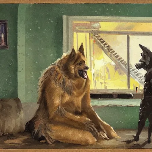 Image similar to a humanoid german shepherd beast - man, sitting and watching a soccer match in his house on television, he has hurt his knee and is a dad, by erin hanson, alexi zaitsev, karl spitzweg, award winning, tv set