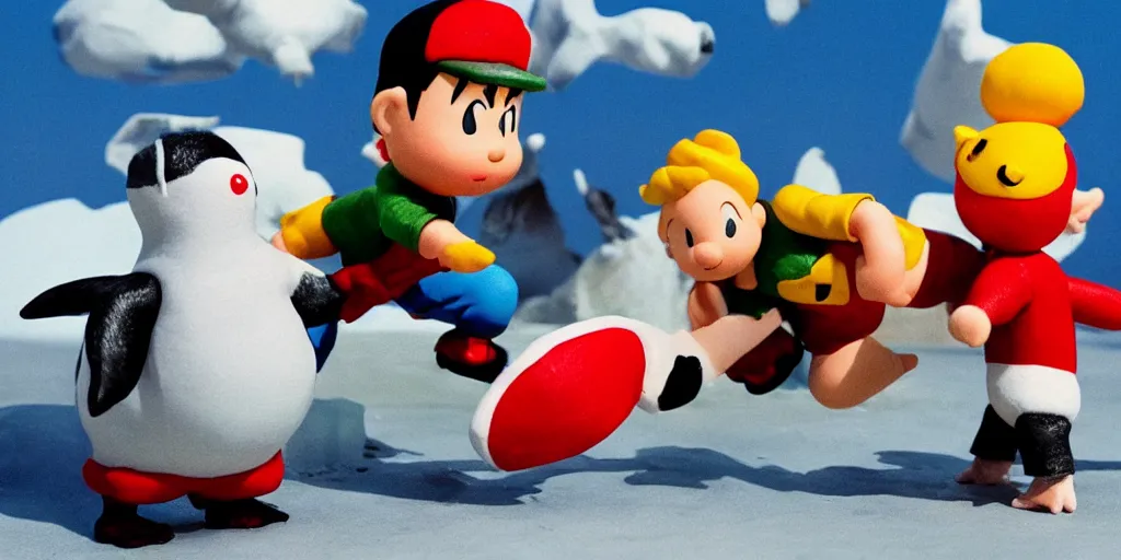 Image similar to Ness from Earthbound and Aquaman fight a giant penguin attacking philadelphia, claymation, detailed