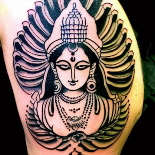 Image similar to Indian goddess lakshmi in a black ink tattoo style