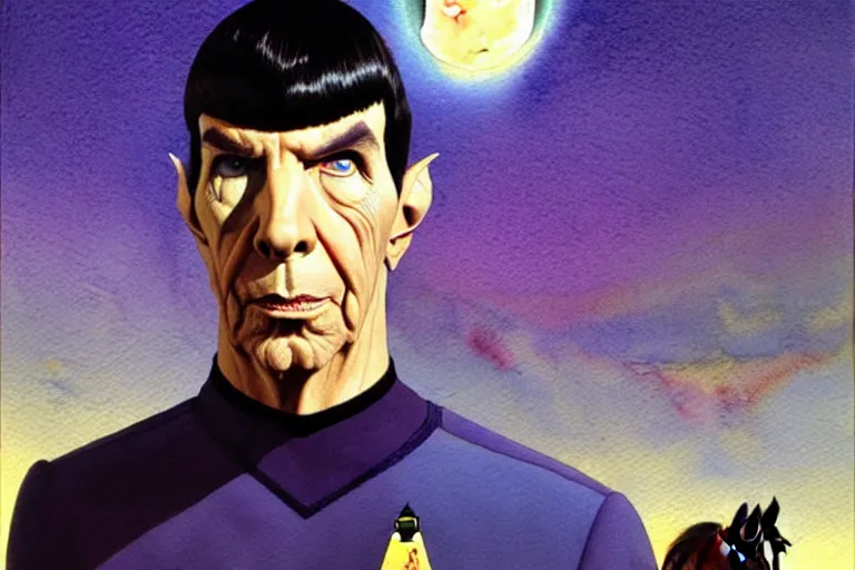 Image similar to a hyperrealist watercolour character concept art portrait of spock. there is twilight zone vibe. on well lit night in las vegas. there is a horse. a ufo is in the background. by rebecca guay, michael kaluta, charles vess and jean moebius giraud