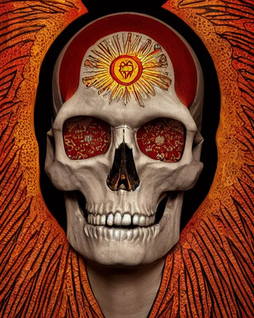 Image similar to an angel with a skull painted with indigenous motifs for the head by tsuyoshi nagano, dramatic lighting, blood, god rays, angelical