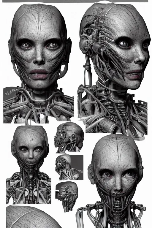 Image similar to cyborg lady with gunmetal grey skin, medical anatomy, very symmetrical face, highly detailed, mecha, three - perspective / three - view reference sheet ( front / back / side ), in the style of james gurney, dan ouellette, hr giger, sil from species, dren from splice, biomechanical, artstation, unreal engine