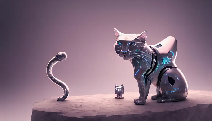 Image similar to product photo of a futuristic luxurious feline pet robot by artgerm and greg rutkowski and alphonse mucha, zaha hadid, cat dog teddy mix, volumetric light, detailed, octane render, midsommar