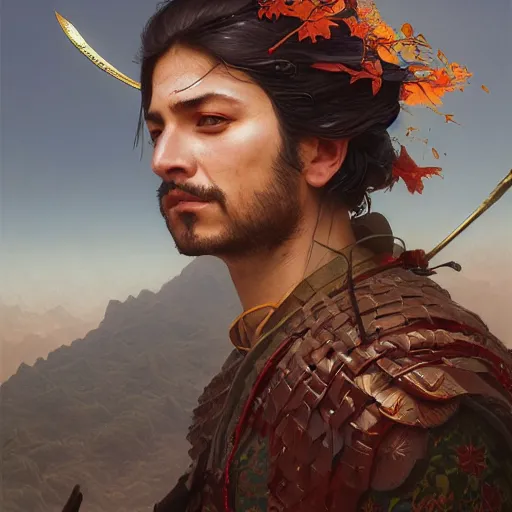 Image similar to Highly detailed portrait of Kurdish samurai, Stephen Bliss, unreal engine, fantasy art by Greg Rutkowski, Loish, Rhads, ferdinand knab, Makoto Shinkai and Lois van baarle, ilya kuvshinov, rossdraws, Tom Bagshaw, alphonse mucha, global illumination, radiant light, detailed and intricate environment, highly detailed, award winning art