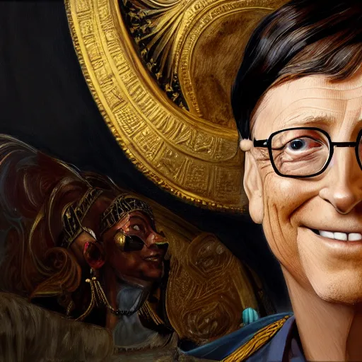 Image similar to Bill Gates cosplaying as Cleopatra, oil on canvas, high quality professional portrait, highly detailed, trending on art station