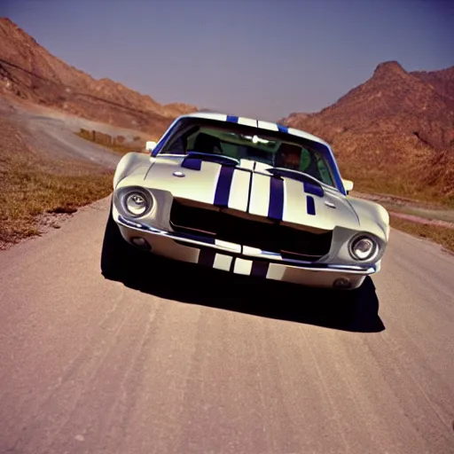 Prompt: a photo of a speeding 1969 Shelby GT350, velvia 50 film