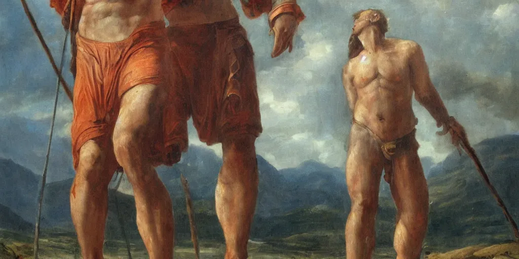 Prompt: high quality high detail painting, dead giant goliath, david standing next to the body