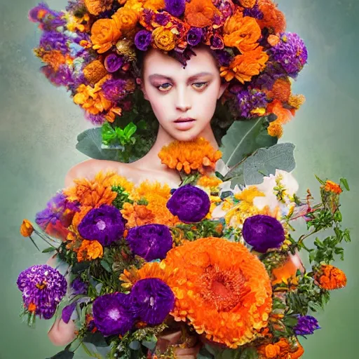 Image similar to a beautiful stunning fantasy matte digital painting of a bouquet made of orange roses and orange chrysanthemums and purple poppies and green eucalyptus and green flora, a photograph painted in the style of Bridal Magazine, professional floral arrangement, professional lighting, trending on artstation hq, contest winner