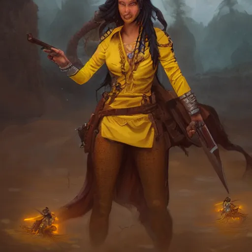 Image similar to a female Kender wearing a yellow jacked aiming her hoopak towards the viewer, oil painting, insanely detailed, Larry Elmore, Greg Rutkowski, Charlie Bowater, Fantasy Art, Dungeons and Dragons, Dragonlance Illustration, unreal 5, DAZ, hyperrealistic, octane render, RPG portrait, dynamic lighting, fantasy art, beautiful face