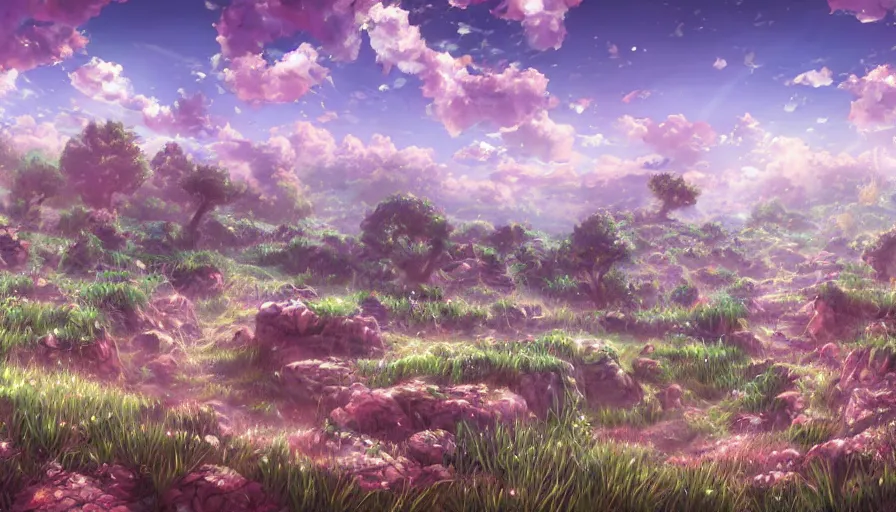Prompt: the beautiful, dreamy, wistful view of a field after war filled with death and rocks. hyperrealistic anime background illustration, colorful, extremely detailed intricate linework, smooth, super sharp focus, bright colors, high contrast, matte, octopath traveler, unreal engine 5 highly rendered, global illumination, radiant light