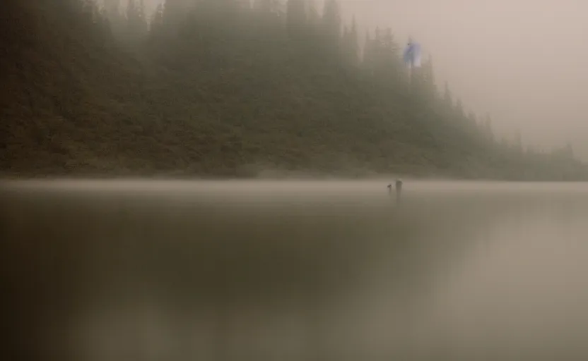 Prompt: cinematic shot of a lonely man at a suicide lake, moody scene from being john malcovich directed by charlie kaufman ( 2 0 0 1 ), foggy volumetric light morning, anamorphic lenses, kodak color film stock