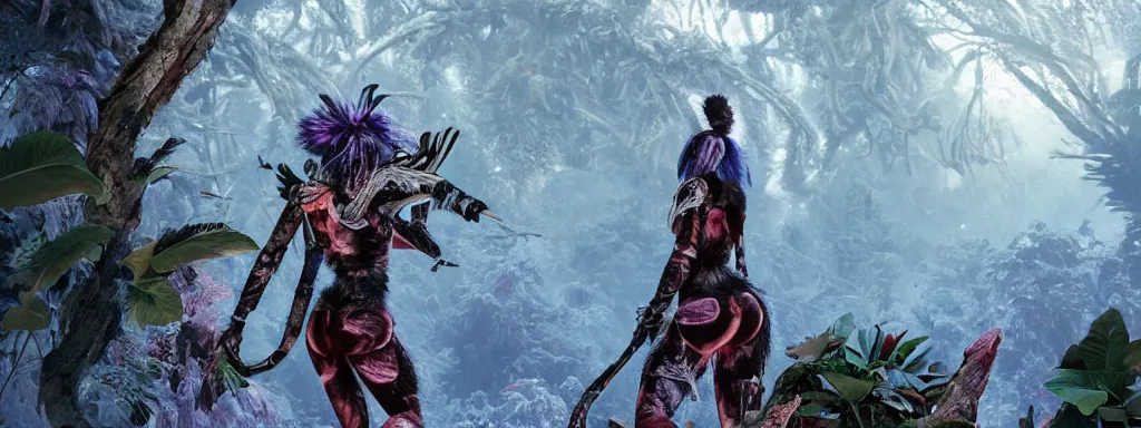 Prompt: athletic muscular explorer woman walking in animal fur armour, crop top midriff, walking in a dense alien snow covered frosty jungle, with snow covered colourful red, blue and purple plants, large vines, snow covered arched organic rock structures, in the style of monster hunter world, like concept art on artstation, hyperdetailed, vray render, octane render,