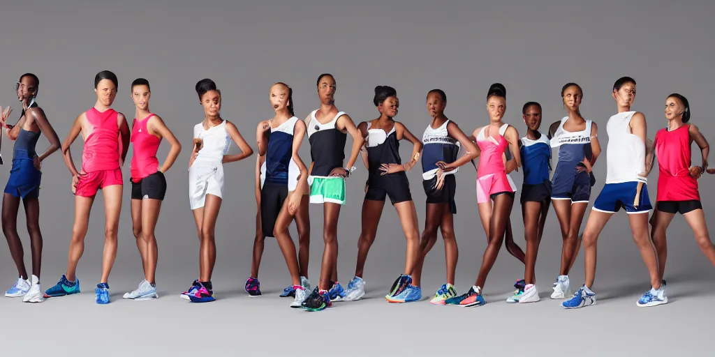 Prompt: High Fashion Tones, Studio Photograph of starting line of many diverse marathon runners. multiple skintones. Frontal. Sports Advertising Campaign. Wide shot. Fashion Studio lighting. White background.