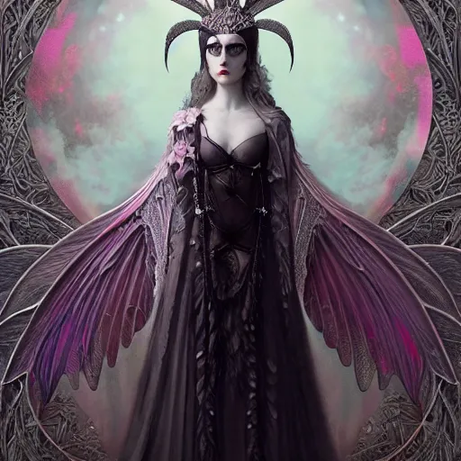 Prompt: tom bagshaw, soft painting fractal curiosities fairy carnival, single beautiful female facing camera huge wings in full nightshade gothic armor, accurate features, focus, very intricate ultrafine details, black white purple volumetric clouds, award winning masterpiece, octane render 8 k hd