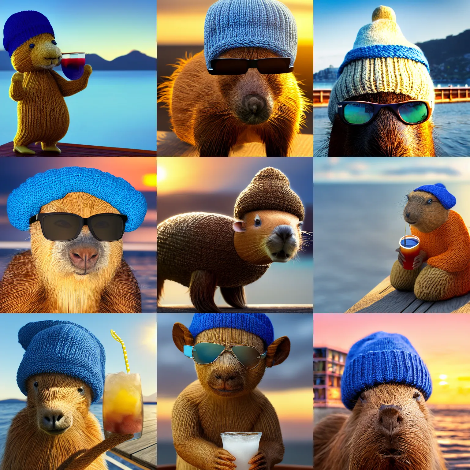 Prompt: a photorealistic photograph of a knitted cute Capybara wearing sunglasses and dressed a blue beanie cap. The subject is sipping a refreshing Mai Tai drink cocktail at the pier during sunset. This 4K HD image is Trending on Artstation, featured on Behance, well-rendered, extra crisp, features intricate detail and the style of Unreal Engine.