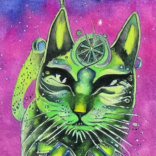 Image similar to a green cat's face, sci-fi watercolor by Louis William Wain,