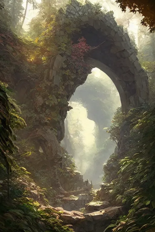 Image similar to big arch made of stones in a forest, d & d, fantasy, intricate, elegant, highly detailed, digital painting, artstation, concept art, matte, sharp focus, illustration, hearthstone, art by artgerm and greg rutkowski and alphonse mucha