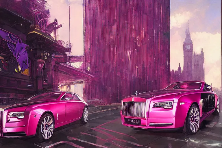 Image similar to photograph of a shiny hot pink rolls royce, with a sleek spoiler, driving down the streets of london cyberpunk city, by greg rutkowski, by stanley artgerm, by alphonse mucha