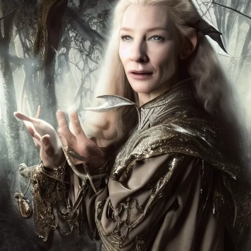 Prompt: portrait of dangerous, playful, mischievous young Galadriel (Cate Blanchett) as a queen of elves, dressed in a refined silvery garment. The background is a dark, chilling eastern europen forrest. night, horroristic shadows, higher contrasts, (((lumnious))), theatrical, character concept art by ruan jia, thomas kinkade, and J.Dickenson, trending on Pinterest