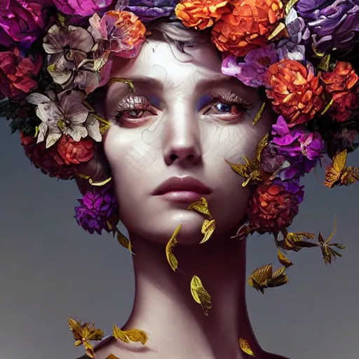 Prompt: the portrait of an absurdly beautiful, graceful, elegant woman made of petals looking up, an ultrafine detailed illustration by kim jung gi, irakli nadar, intricate linework, bright colors, octopath traveler, final fantasy, angular, unreal engine 5 highly rendered, global illumination, radiant light, detailed and intricate environment