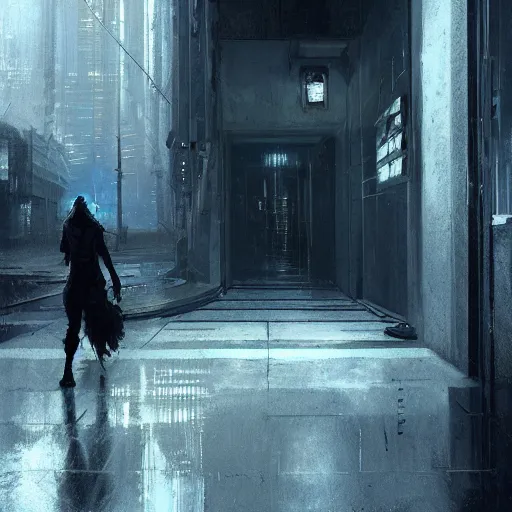 Prompt: doorway, empty sidewalk of a cyberpunk megacity, dramatic lighting, detailed background, gorgeous view, realistic, high detail, depth of field, lightrays, atmospheric, digital art, painted by jeremy mann, trending on artstation
