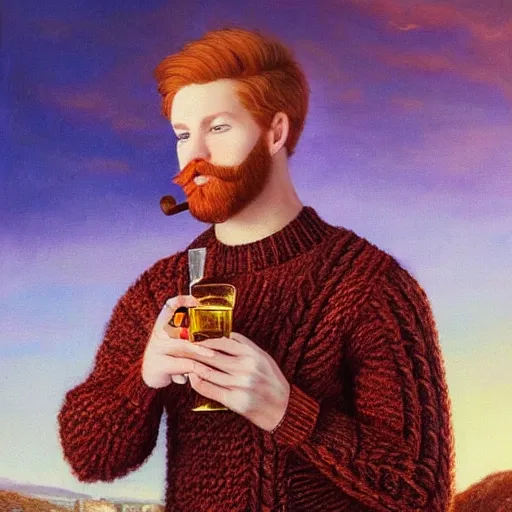 Prompt: a beautiful painting of a young man with short ginger hair and a beard wearing a cable knit sweater and holding a glass of whisky in front of Arthur's Seat with a goofy! grin and wide-set eyes, golden hour, realistic, ((by Delphin Enjolras)), trending on artstation