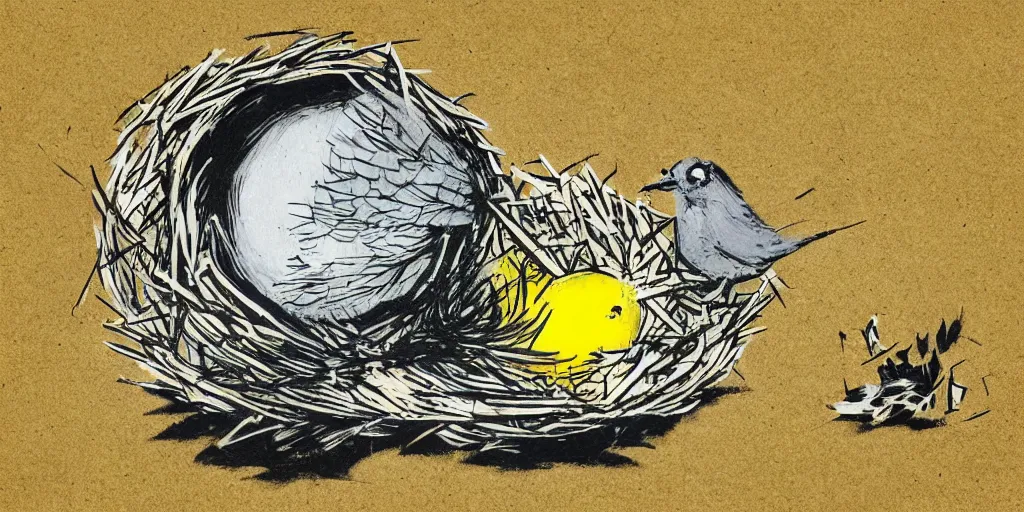 Image similar to banksy styled graffiti of a bird asleep in the golden nest dreaming of worms, concept art, smooth, sharp focus, illustration, banksy styled graffiti