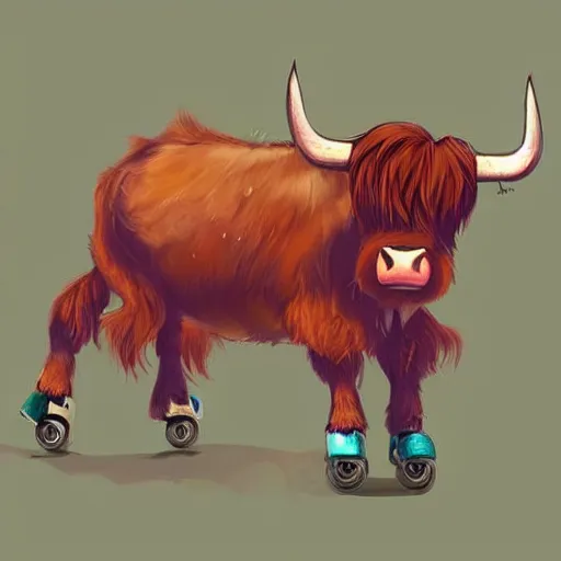 Image similar to a highland cow wearing roller skates, concept art, artstation, cinematic