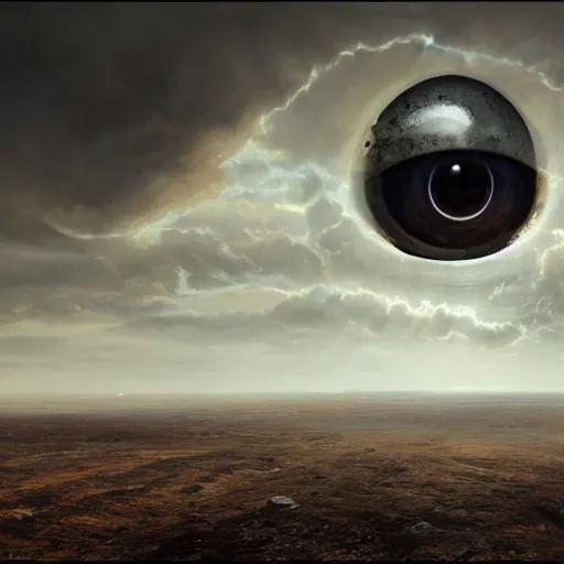 Image similar to a giant metal eye peering over the horizon of a barren landscape by Marek Okon, god rays, fantasy art, 4k, HDR, photorealistic, 8k, trending on artstation