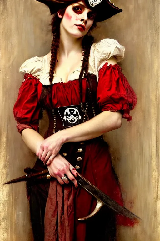 Image similar to solomon joseph solomon and richard schmid and jeremy lipking victorian genre painting full length portrait painting of a young beautiful woman traditional punk rock german french actress model pirate wench in fantasy costume, red background