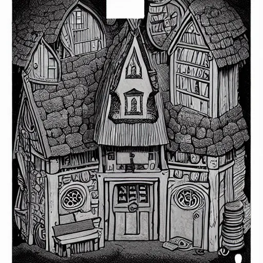 Prompt: square sticker of a hobbit palace, by joe fenton and mike mignola, white background, masterpiece, b & w