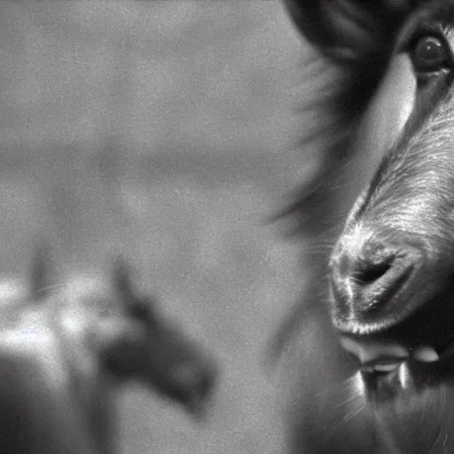 Image similar to an ultra real uhd 3 5 mm telephoto close up shot of a goat man snarling and growling and drooling over a half eaten rat at a banquet for a victorian king