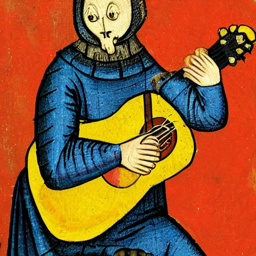 Prompt: medieval portrait of a cat playing guitar, colorful