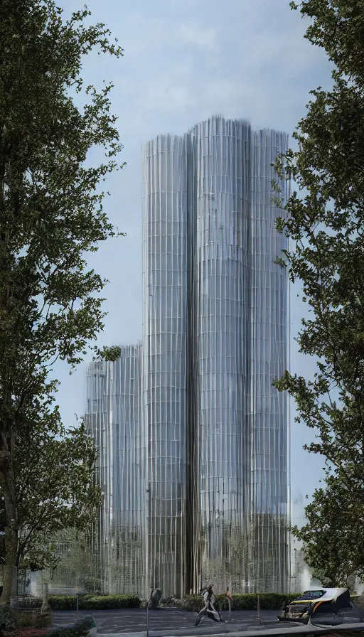 Prompt: a professional close-up elevational photograph of the front of a building made of thin steel tubes and transparent glass, frosted glass, with plants and trees growing on it, Gothic architecture, fluting, rayonnant style, patches of dirt and grime, axle oil, olive oil, posthuman design, , highly detailed octane render, 8k, elevation