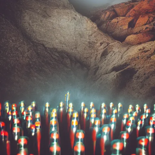 Image similar to unsplash contest winning photo, a giant crowd of realistic shiny reflective chrome men, inside a colorful dramatic unique rocky western landscape, low fog, giant neon light