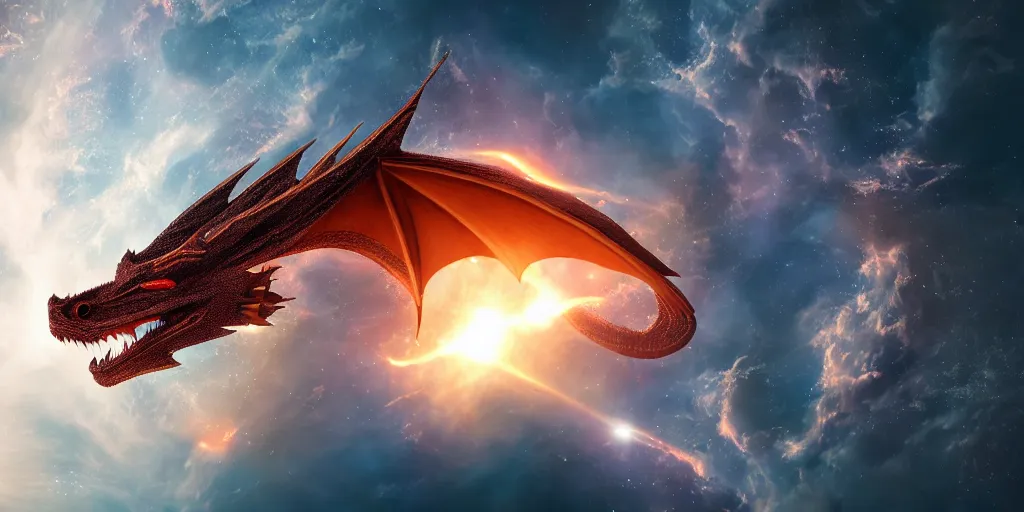 Image similar to photo of dragon in space, beautiful light, sharp focus, elegant, cinematic, higlhy detailed, 8 k, photorealistic