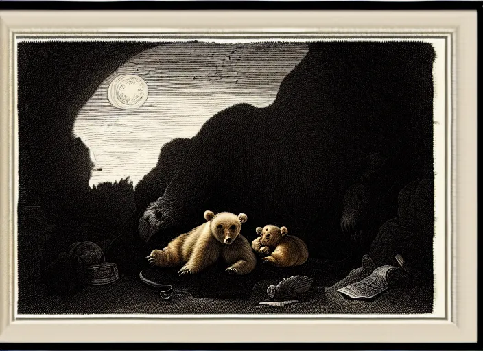 Image similar to Pieter Claesz's 'a bear and her cubs sleeping in a dark cave, lit by hole in roof', night time, cross hatching, framed, monochrome, colours of the sunset