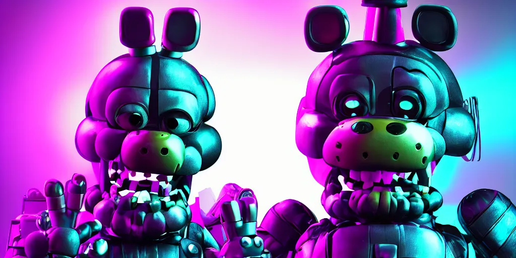 Image similar to fnaf freddy, cyberpunk, rgb, neon, hd, cinematic,