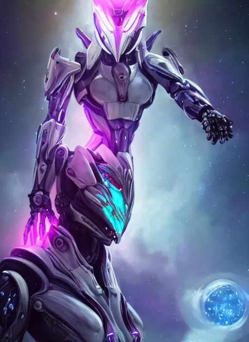 Image similar to cinematic shot, cosmic sized perfectly proportioned stunning beautiful hot female warframe, robot mecha female dragon head, metal ears led eyes, silver armor, fuschia leds, floating in empty space, nebula sized, holding a galaxy, epic proportions, epic size, epic scale, furry art, dragon art, giantess art, warframe fanart, furaffinity, deviantart