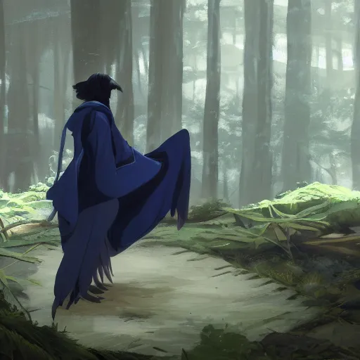 Prompt: concept art painting of an anthropomorphic humanoid white raven wearing dark blue robes, in the deep forest, realistic, detailed, cel shaded, in the style of makoto shinkai and greg rutkowski and james gurney