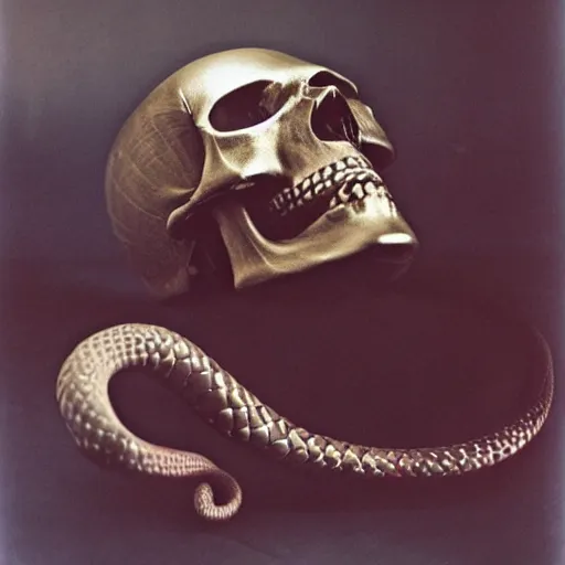 Image similar to large metallic skull attached to a long, coiled snake, stoic and calm, cinematic Eastman 5384 film