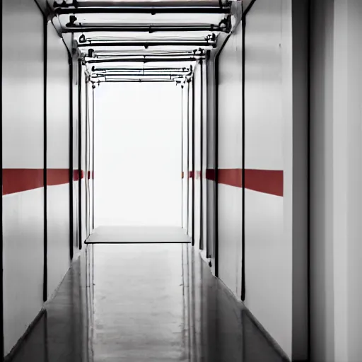 Prompt: a very long featureless white hallway with a single red door at the end, liminal space,