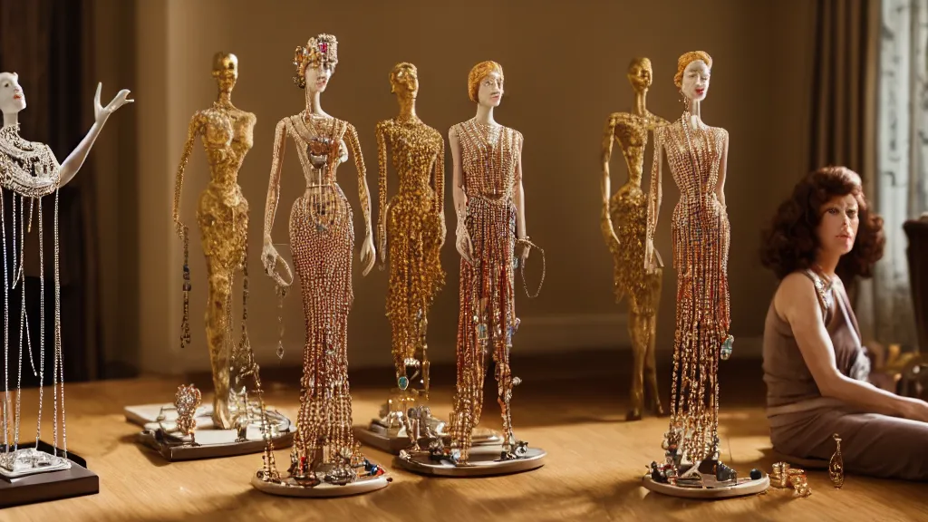 Image similar to a woman made of jewelry stands in the living room, film still from the movie directed by Denis Villeneuve with art direction by Salvador Dalí, wide lens, 4K, realistic