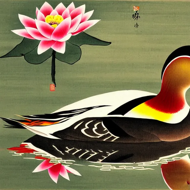 Image similar to a beautiful painting the mandarin duck in the lotus, by zhang daqian painting