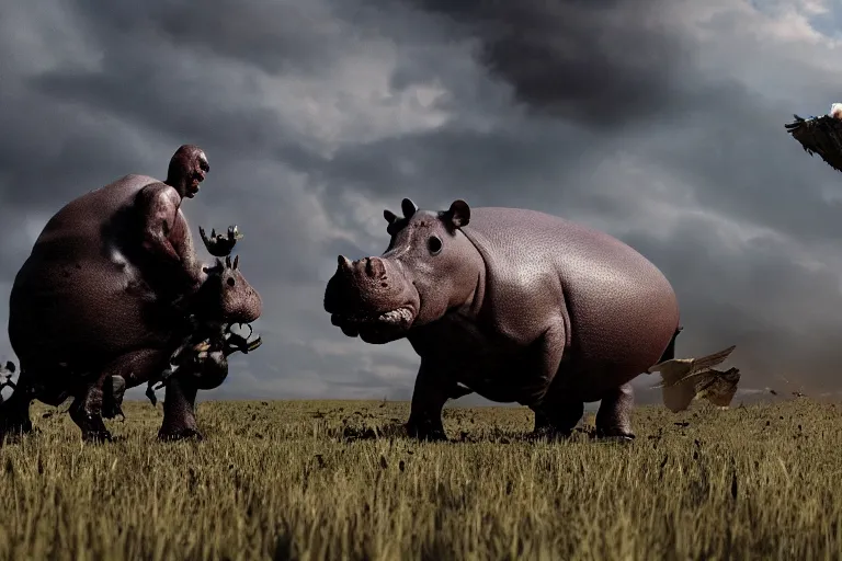 Image similar to hippo with eagle wings fighting zombies, cinematic, dramatic lighting