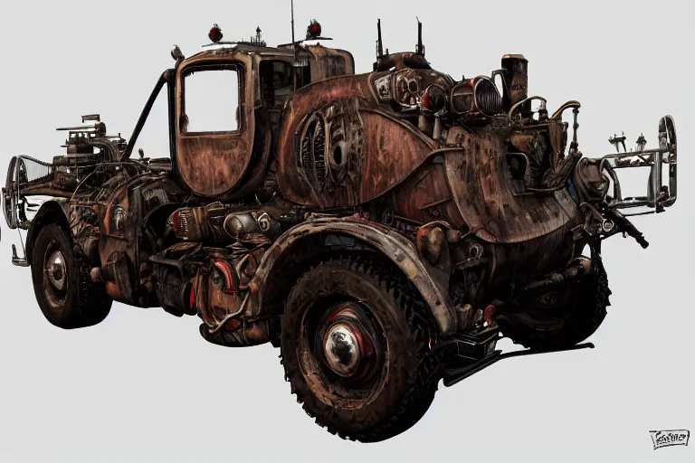 Image similar to hellfire engine strokeed by the echo, mad max, wasteland, in the style of hannes bok and doug chiang and vernon grant, trending on artstation, back lighting rear view steampunk, blueprint, muted colors, gothic, tachisme