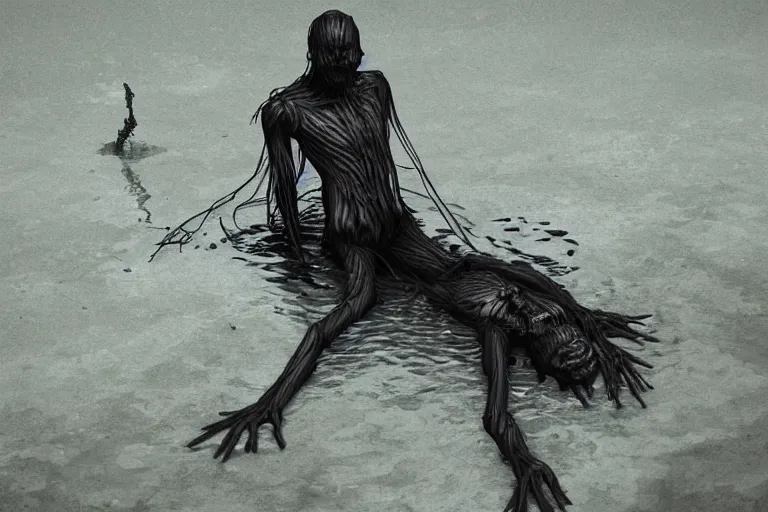 Image similar to a creepy drowned man crawling out of the water, strings of black goo hanging from his arms, very long arms, extremely long fingers, standing in shallow water, drowned, unsettling, creepy, artstation, cgsociety