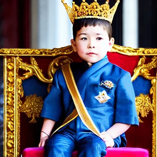 Image similar to little boy, prince sit on the throne chair in the throne room. he wear casual kings clothes and have crown on his head. guards protect him.