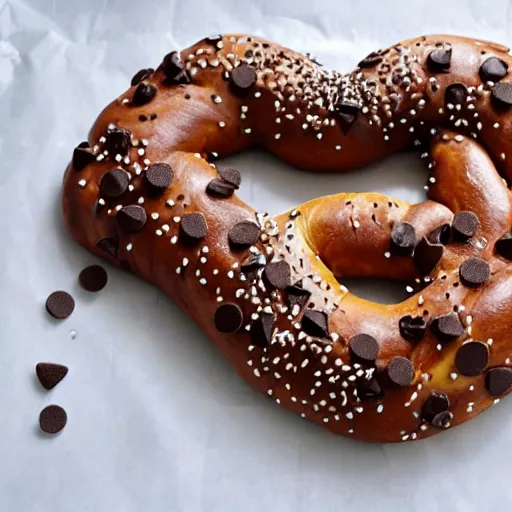 Prompt: giant pretzel with chocolate chips